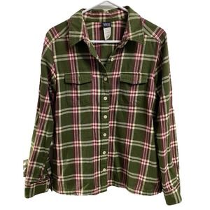 Patagonia Women's Fjord Organic Cotton Flannel Shirt-Green&Pink Plaid Sz. 6‎